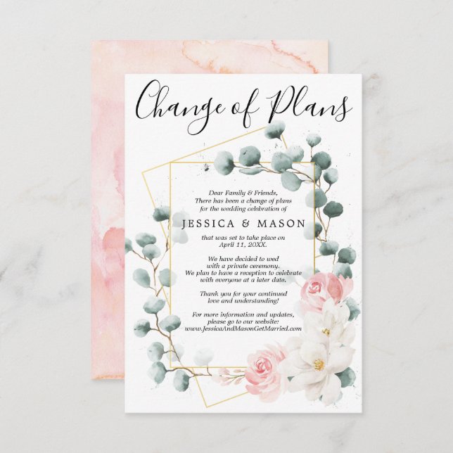 Invitación pospuesta de Boda floral verde (Anverso / Reverso)