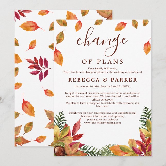 Invitación pospuesta del Boda follaje otoñal (Anverso / Reverso)