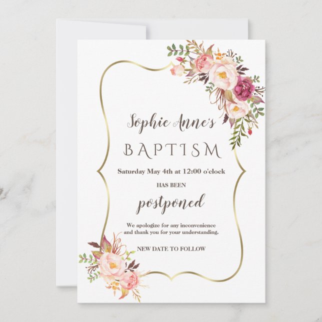 Invitación pospuesta Rubor Bautismo Floral Rosa (Anverso)