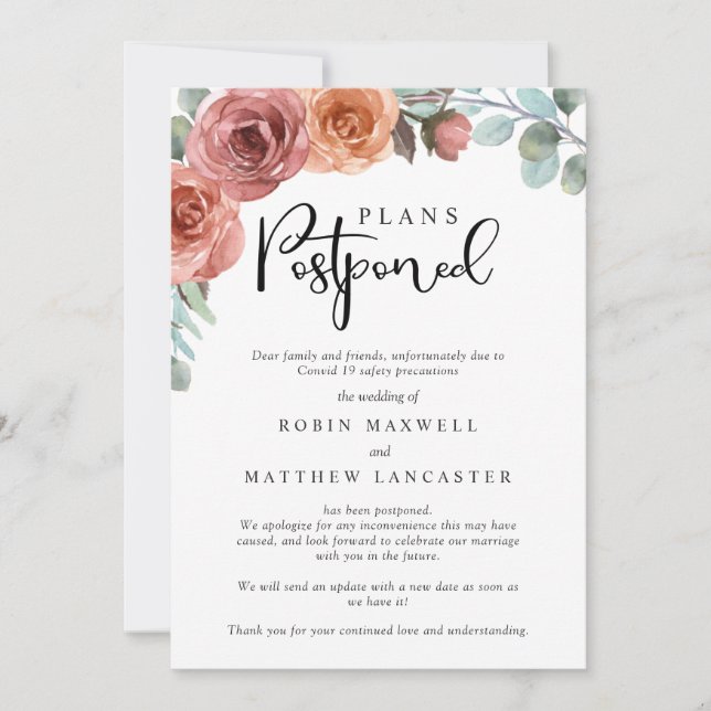 Invitación Pospuesto boda - Cancelación - Cambio de planes (Anverso)