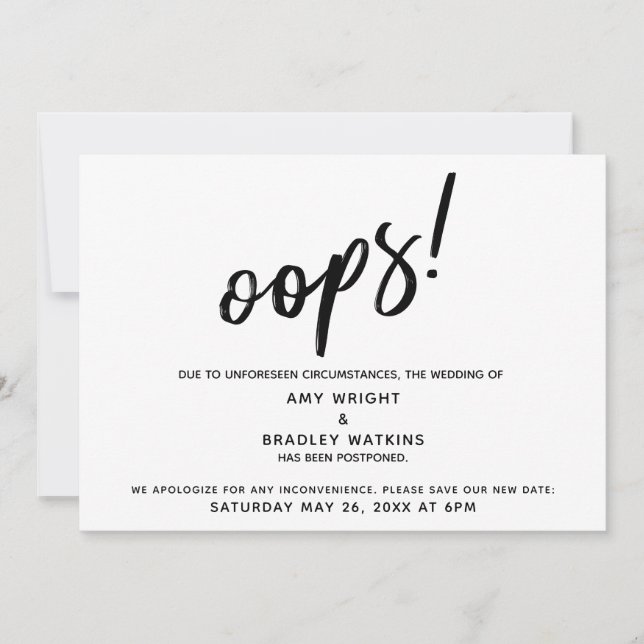 Invitación Pospuesto Boda Humoroso "¡Oops!"Anuncio (Anverso)