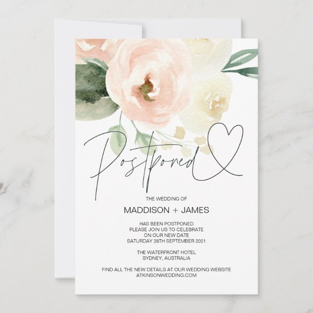 Invitación Pospuesto Boda Rosado de Rubor cambia la fecha (Anverso)
