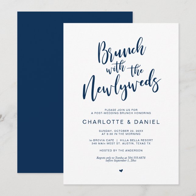 Invitación Post boda, Brunch con los recién casados, Navy Blu (Anverso / Reverso)
