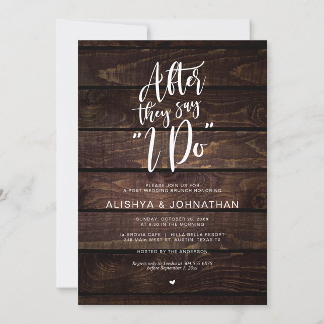Invitación Post Boda Brunch, escritura rústica de madera oscu (Anverso)