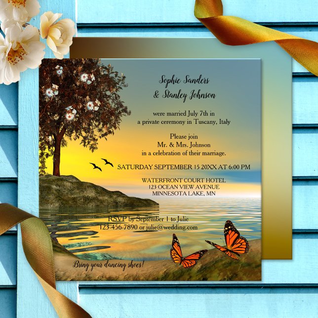 Invitación Post romántico de mariposa o después de la invitac (Wedding reception only invitation featuring a sunset at a lake with butterflies and blossoming tree)