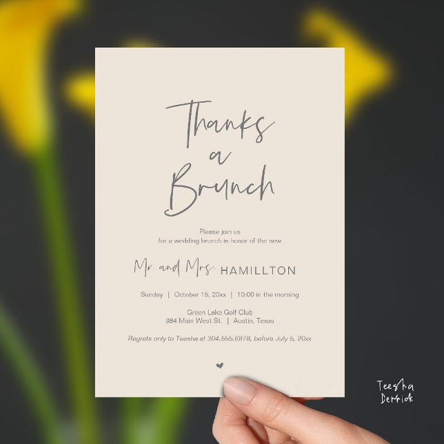 Invitación Post wedding Celebration, Thanks a Brunch (Thanks a Brunch, Post modern wedding celebration, wedding crew, Invitation card, Cream Grey)