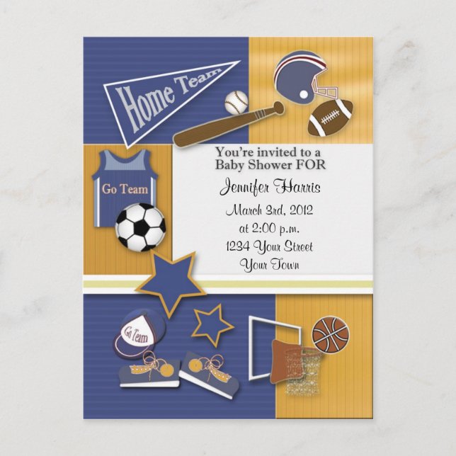 Invitación postal Baby Shower Gold & Blue Sports (Anverso)