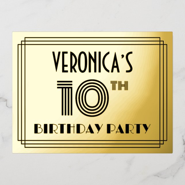 Invitación Postal Con Relieve Metalizado 10.ª fiesta de cumpleaños ~ Art Deco Style "10" +  (Anverso)