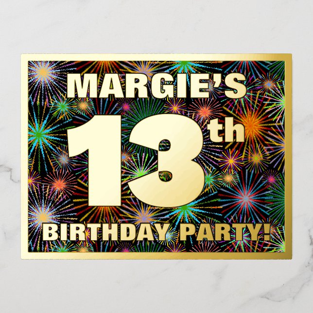 Invitación Postal Con Relieve Metalizado 13.ª Fiesta de Cumpleaños: Fuegos artificiales aud (Anverso)