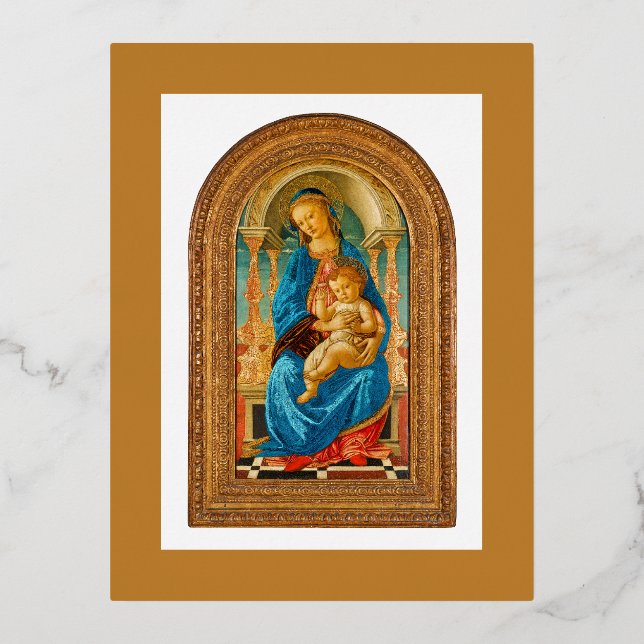 Invitación Postal Con Relieve Metalizado 1470 Botticelli Madonna y Child Enthroned (Anverso)