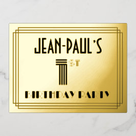 Invitación Postal Con Relieve Metalizado 1.ᵉʳ Fiesta de cumpleaños ~ Estilo Art Deco "1" + 