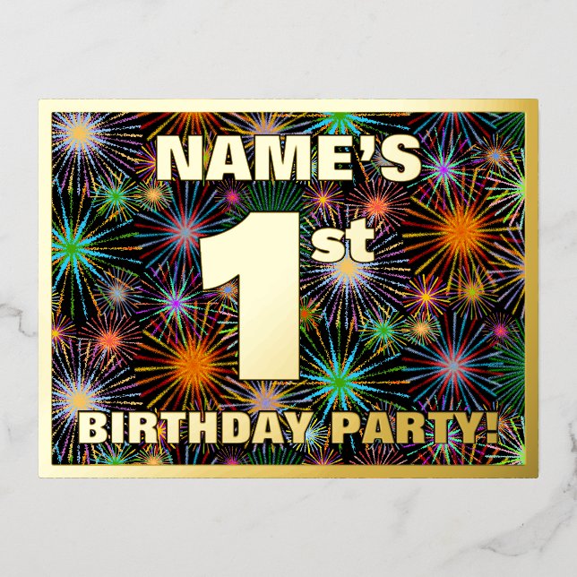 Invitación Postal Con Relieve Metalizado 1.ᵉʳ Fiesta de cumpleaños: Fuegos artificiales aud (Anverso)