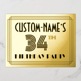 Invitación Postal Con Relieve Metalizado 34ª fiesta de cumpleaños ~ Estilo Art Deco "34" + 