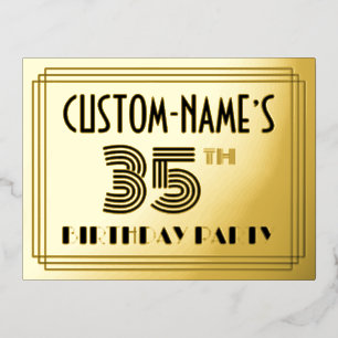 Invitación Postal Con Relieve Metalizado 35th Birthday Party ~ Art Deco Style “35” + Name