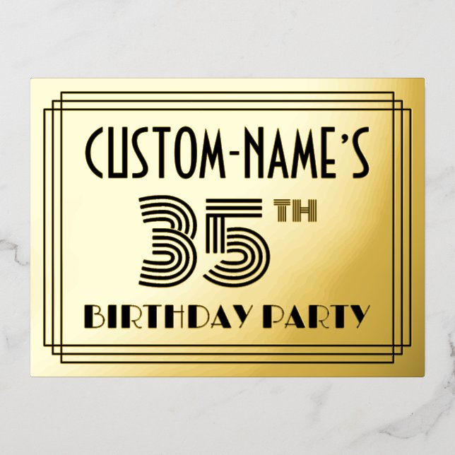 Invitación Postal Con Relieve Metalizado 35th Birthday Party ~ Art Deco Style “35” + Name (Anverso)