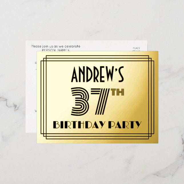 Invitación Postal Con Relieve Metalizado 37ª fiesta de cumpleaños ~ Art Deco Style "37" + N (Anverso/Reverso)