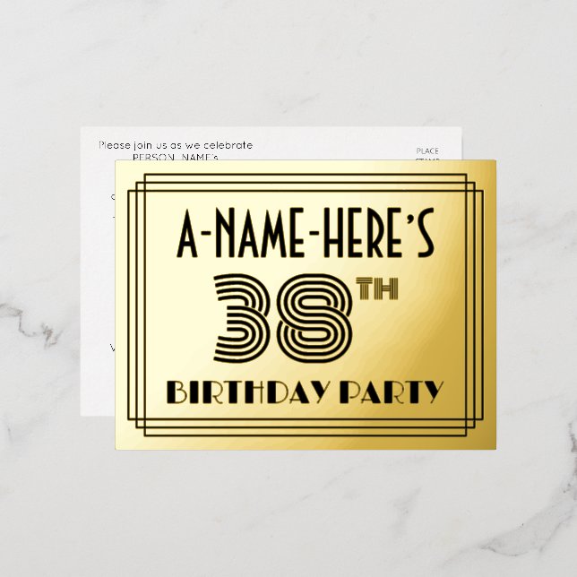 Invitación Postal Con Relieve Metalizado 38.ª fiesta de cumpleaños ~ Art Deco Style "38" +  (Anverso/Reverso)