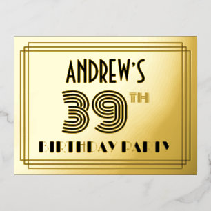 Invitación Postal Con Relieve Metalizado 39th Birthday Party ~ Art Deco Style “39” + Name