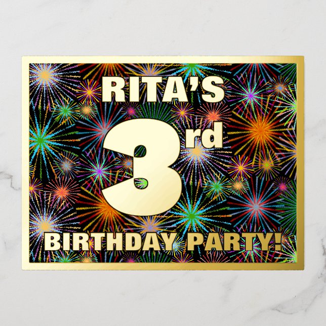 Invitación Postal Con Relieve Metalizado 3.ᵉʳ Fiesta de cumpleaños: Fuegos artificiales aud (Anverso)