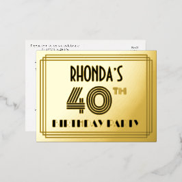 Invitación Postal Con Relieve Metalizado 40th Birthday Party ~ Art Deco Style “40” + Name