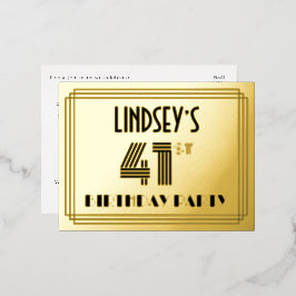 Invitación Postal Con Relieve Metalizado 41st Birthday Party ~ Art Deco Style “41” + Name