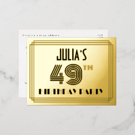 Invitación Postal Con Relieve Metalizado 49.ª Fiesta de Cumpleaños ~ Estilo Art Deco "49" +