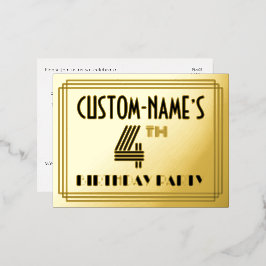 Invitación Postal Con Relieve Metalizado 4th Birthday Party ~ Art Deco Style “4” + Name