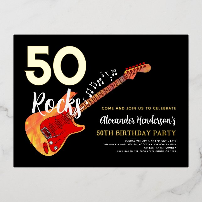 Invitación Postal Con Relieve Metalizado 50.ª fiesta de cumpleaños Rock y Relieve metalizad (Anverso)