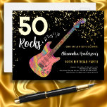 Invitación Postal Con Relieve Metalizado 50 Rocks 50 cumpleaños partido Oro negro rosado<br><div class="desc">Para el chica que todavía está balanceándose, 50 Rocks. Invitación moderna a la fiesta de cumpleaños número 50 de la música rock de Guay. Guitarra eléctrica de color rock y roll con purpurina dorado y ilustraciones de notas musicales con tipografía moderna de caligrafía dorada personalizada sobre un fondo negro. Esta...</div>