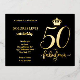 Invitación Postal Con Relieve Metalizado 50 y fabuloso cumpleaños de oro negro