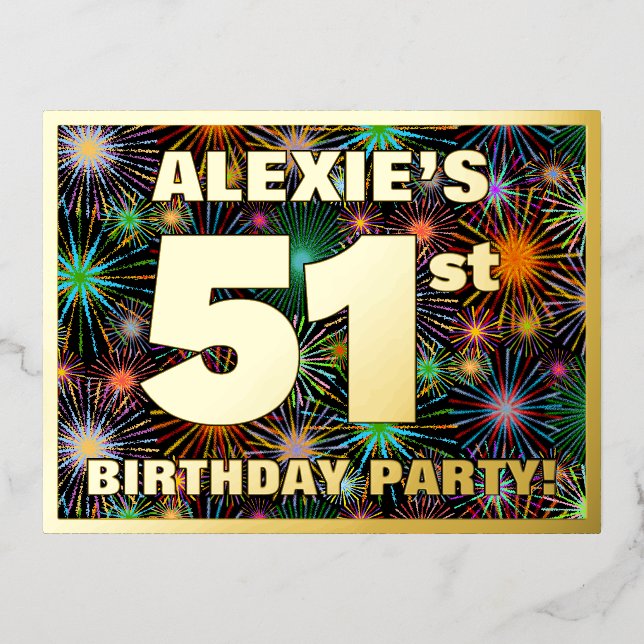 Invitación Postal Con Relieve Metalizado 51ª Fiesta de Cumpleaños: Fuegos artificiales auda (Anverso)