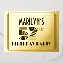 Invitación Postal Con Relieve Metalizado 52ª fiesta de cumpleaños ~ Estilo Art Deco "52" + 