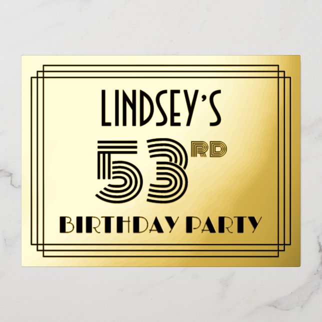 Invitación Postal Con Relieve Metalizado 53rd Birthday Party ~ Art Deco Style “53” + Name (Anverso)