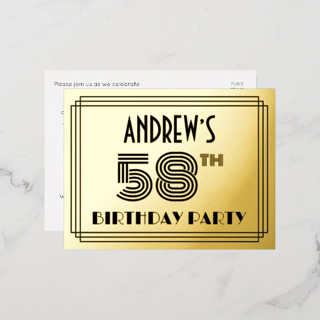 Invitación Postal Con Relieve Metalizado 58th Birthday Party ~ Art Deco Style “58” + Name (Anverso/Reverso)