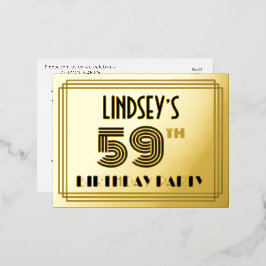 Invitación Postal Con Relieve Metalizado 59th Birthday Party ~ Art Deco Style “59” + Name