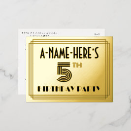 Invitación Postal Con Relieve Metalizado 5th Birthday Party ~ Art Deco Style “5” + Name