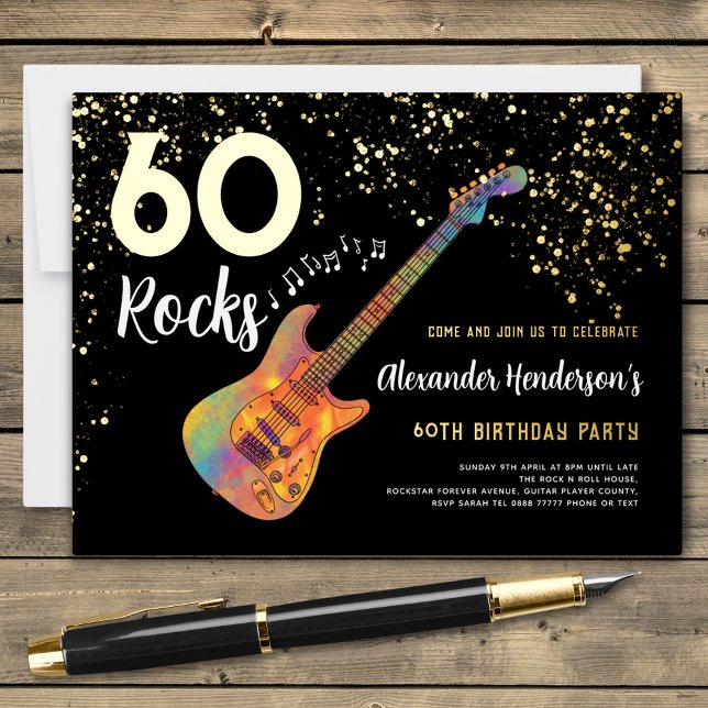 Invitación Postal Con Relieve Metalizado 60 Rocks 60th Birthday Party Black Gold (Rock and roll black and gold glitter foil 60th birthday party invitation )