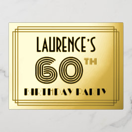 Invitación Postal Con Relieve Metalizado 60th Birthday Party ~ Art Deco Style “60” + Name