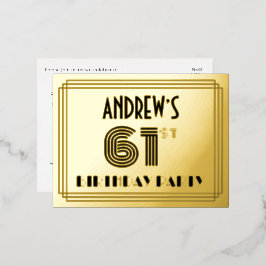 Invitación Postal Con Relieve Metalizado 61ª Fiesta de Cumpleaños ~ Estilo Art Deco "61" + 