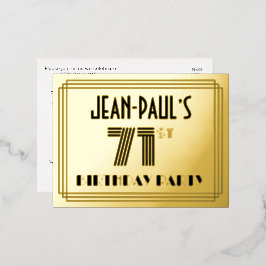 Invitación Postal Con Relieve Metalizado 71ª Fiesta de Cumpleaños ~ Estilo Art Deco "71" + 