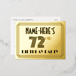 Invitación Postal Con Relieve Metalizado 72ª fiesta de cumpleaños ~ Estilo Art Deco "72" + 
