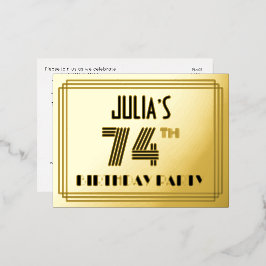 Invitación Postal Con Relieve Metalizado 74ª fiesta de cumpleaños ~ Estilo Art Deco "74" + 