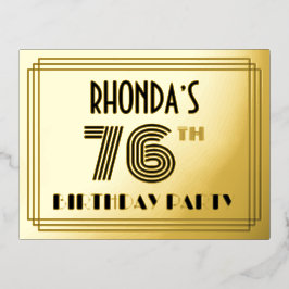 Invitación Postal Con Relieve Metalizado 76ª fiesta de cumpleaños ~ Estilo Art Deco "76" + 