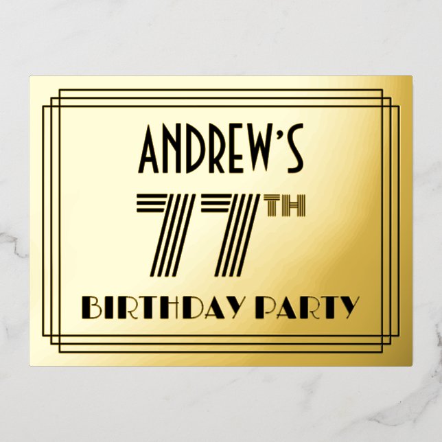 Invitación Postal Con Relieve Metalizado 77th Birthday Party ~ Art Deco Style “77” + Name (Anverso)