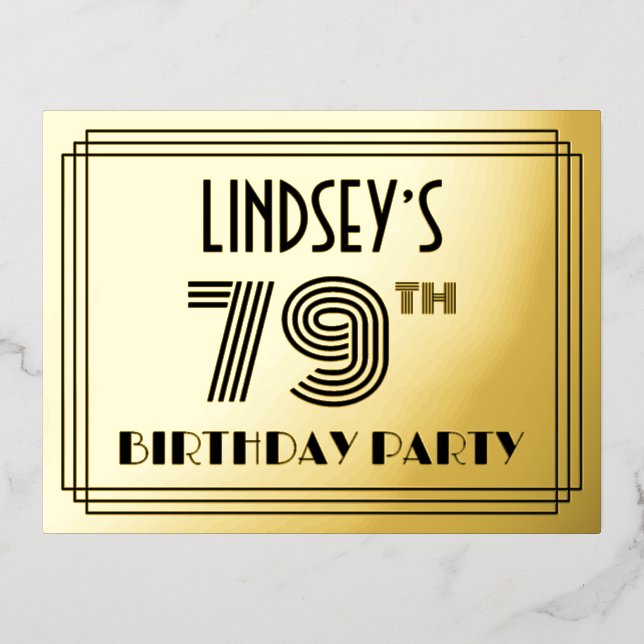 Invitación Postal Con Relieve Metalizado 79ª fiesta de cumpleaños ~ Art Deco Style "79" + N (Anverso)