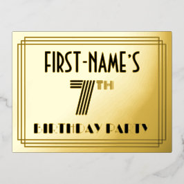 Invitación Postal Con Relieve Metalizado 7th Birthday Party ~ Art Deco Style “7” + Name