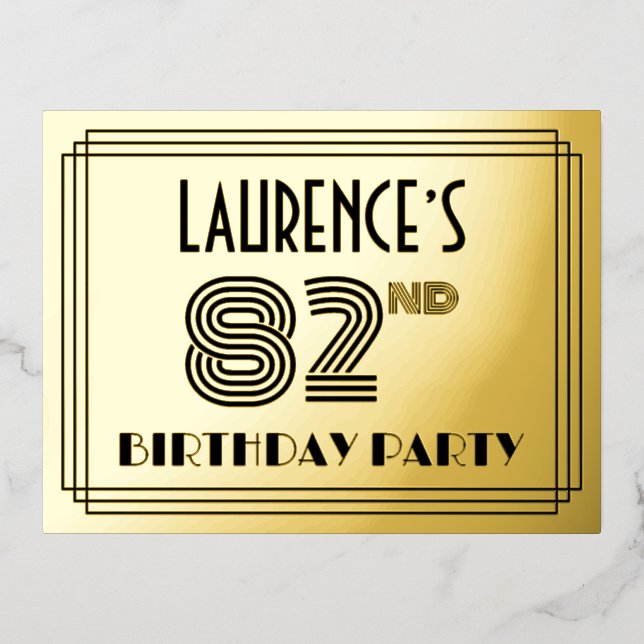 Invitación Postal Con Relieve Metalizado 82ª fiesta de cumpleaños ~ Art Deco Style "82" + N (Anverso)