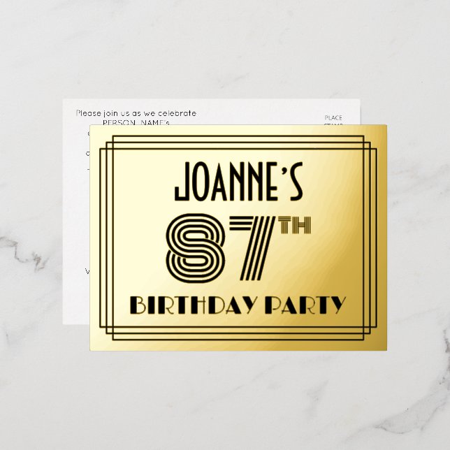 Invitación Postal Con Relieve Metalizado 87ª Fiesta de Cumpleaños ~ Estilo Art Deco "87" +  (Anverso/Reverso)
