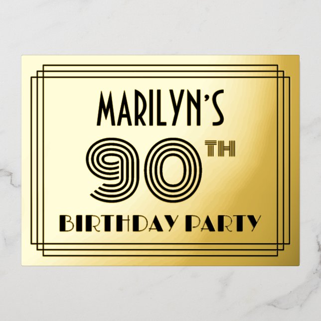 Invitación Postal Con Relieve Metalizado 90th Birthday Party ~ Art Deco Style “90” + Name (Anverso)
