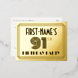 Invitación Postal Con Relieve Metalizado 91ª Fiesta de Cumpleaños ~ Estilo Art Deco "91" + 